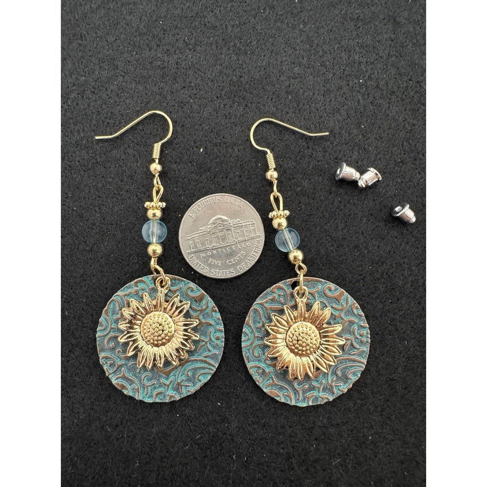 Turquoise Patina Gold Sunflower Round Dangle Earrings Blue Beads Boho